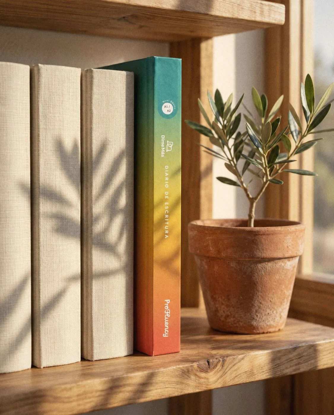The Dime Más Journal, Beginner A1/A2, on a shelf beside books and an olive tree