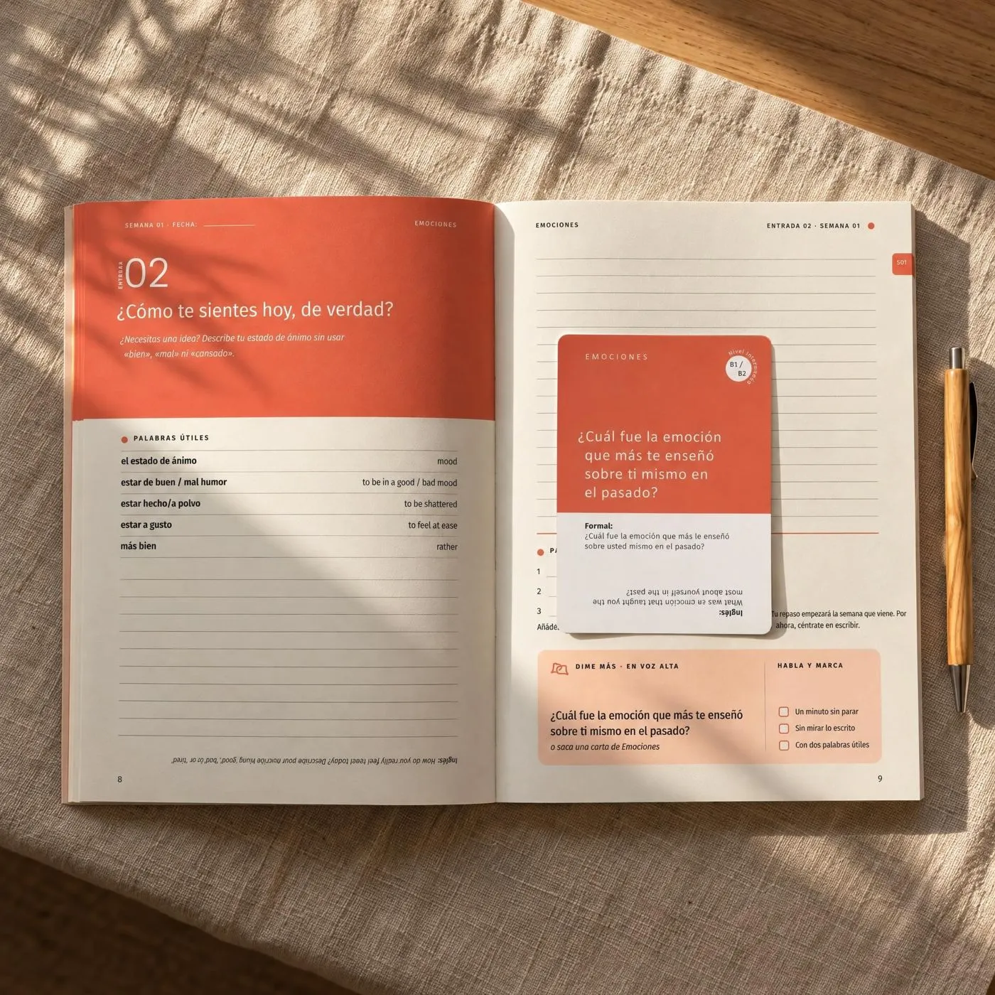 The Dime Más Journal open on an entry page, with a question card