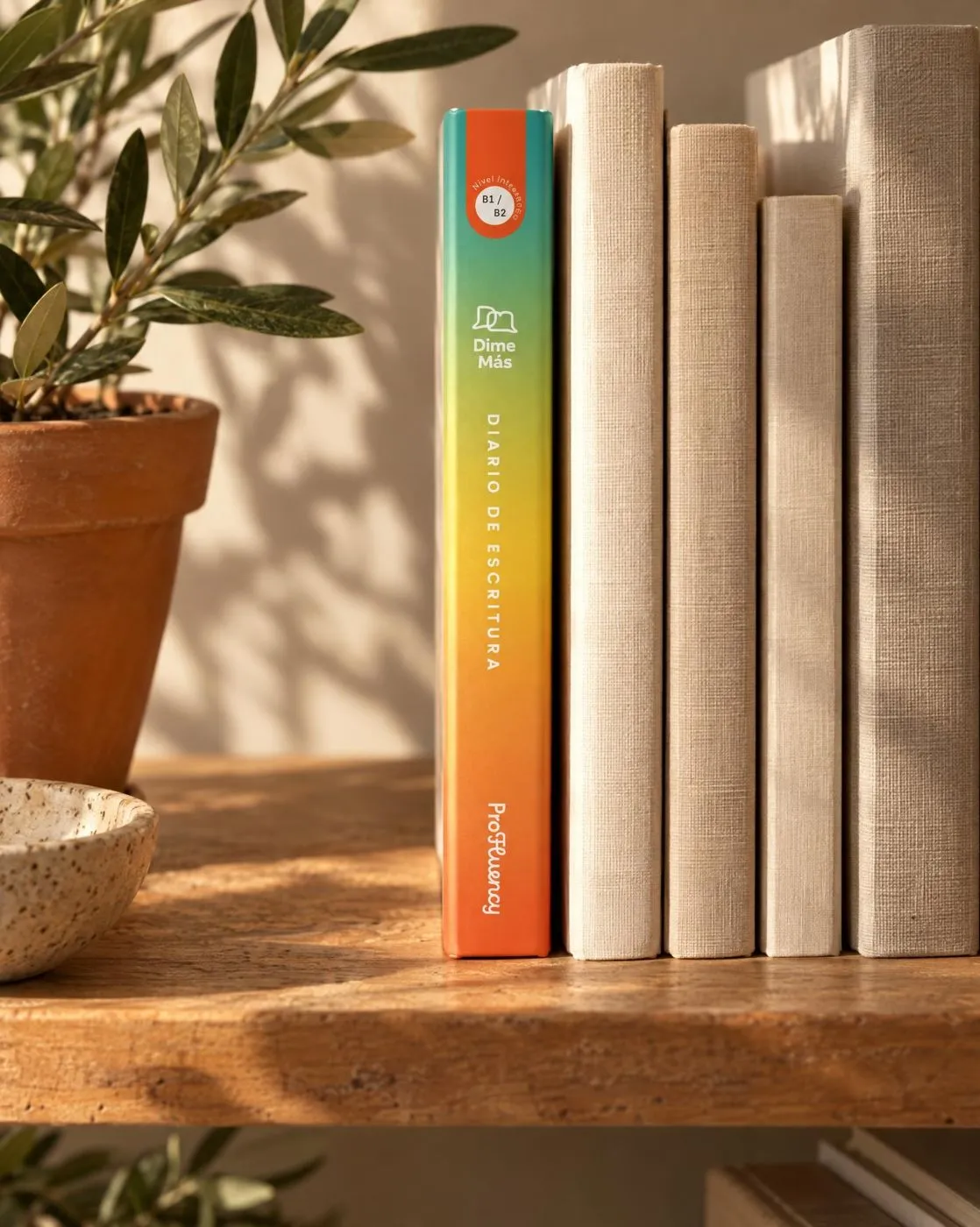 The Dime Más Journal, Intermediate B1/B2, on a shelf among books.