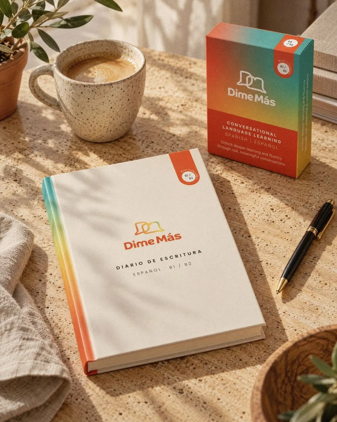 The Dime Más Journal and Cards box, Intermediate B1/B2, together on a sunlit table.