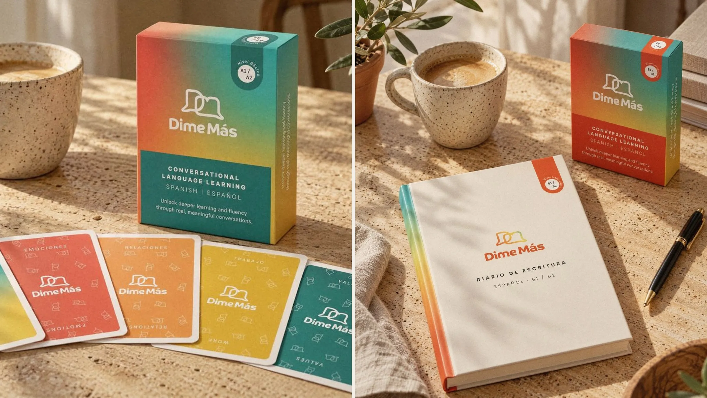 Dime Más cards and journal together in warm light.