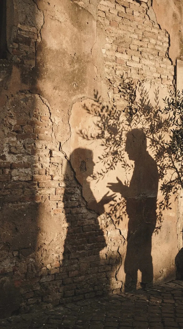 Two shadows talking on a sunlit wall.