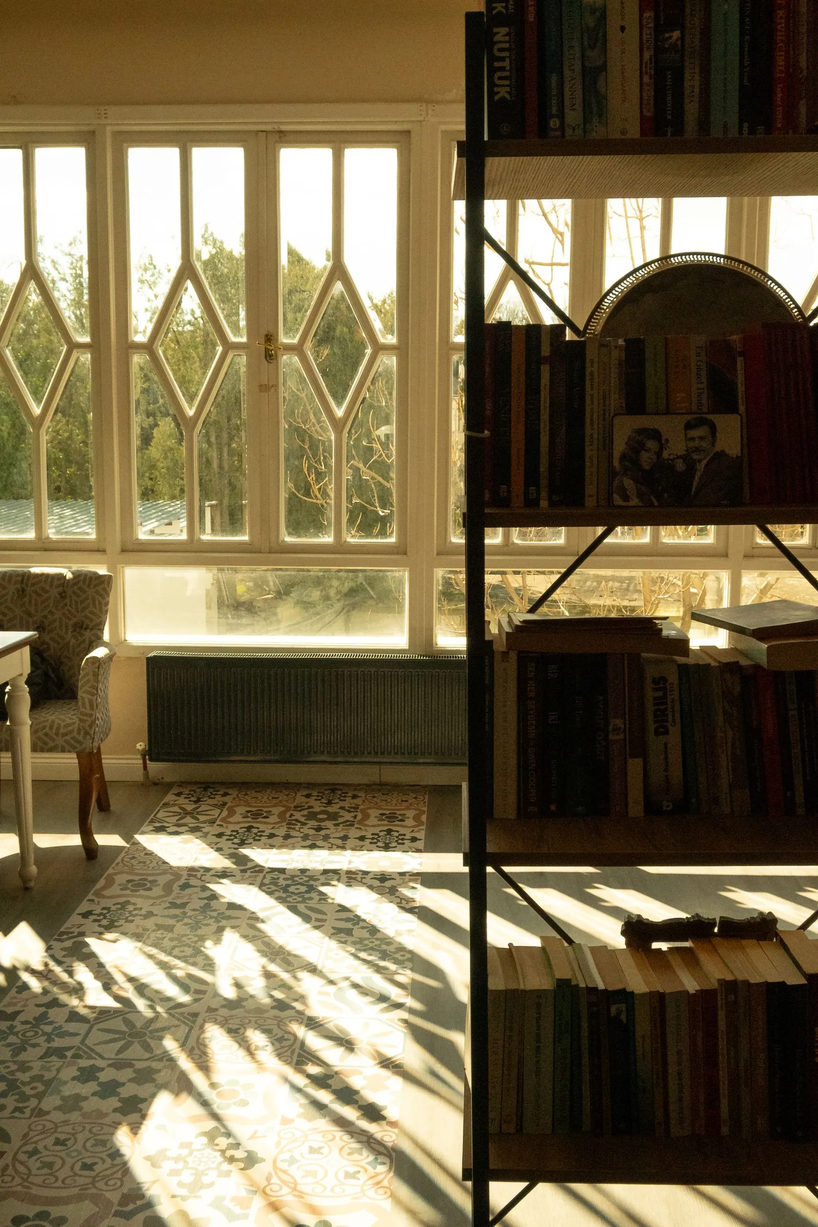 A quiet sunlit reading room with a bookshelf and warm light.